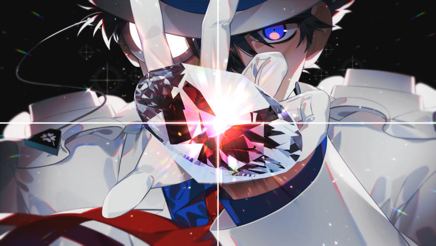 1boy black_background black_hair blue_eyes blurry collared_shirt commentary constricted_pupils covered_mouth depth_of_field diamond_(gemstone) diffraction_spikes formal gem gloves hair_between_eyes hand_up hat kaitou_kid kidkuroba4869 light_particles long_sleeves looking_at_viewer magic_kaito male_focus meitantei_conan monocle necktie red_neckwear refraction sanpaku shirt short_hair social_media_composition solo sparkle stitched straight-on suit symbol-only_commentary top_hat white_gloves white_headwear white_suit
