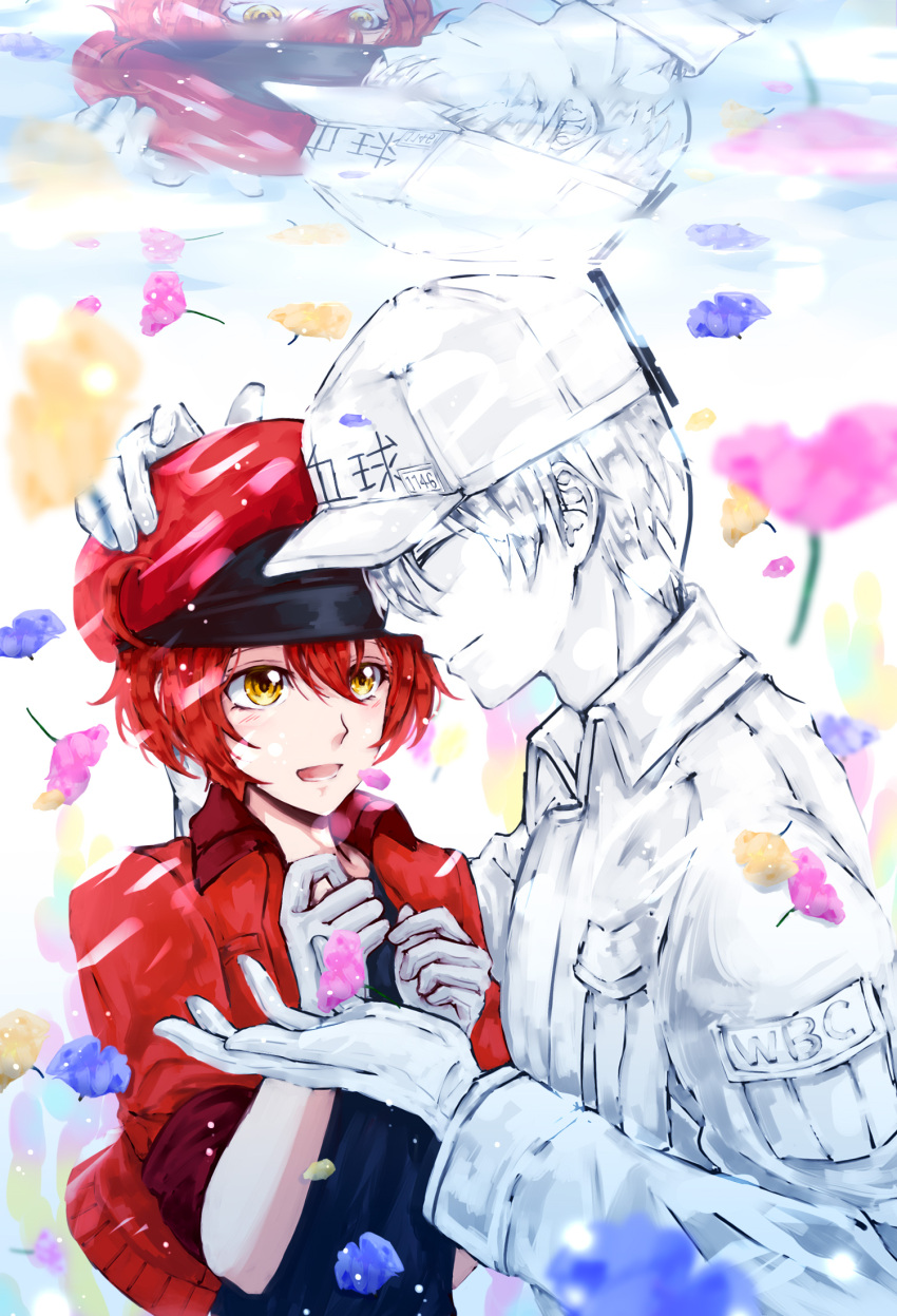 :d ae-3803 bangs black_shirt breast_pocket bubble cabbie_hat closed_eyes commentary couple cropped_jacket floating flower gloves hair_between_eyes hair_over_one_eye hand_on_another's_head hands_on_own_chest happy hat hataraku_saibou highres hug jacket light_blush light_smile looking_at_another open_clothes open_jacket open_mouth outstretched_hand pink_flower pocket purple_flower red_blood_cell_(hataraku_saibou) red_headwear red_jacket redhead reflection shirt short_hair side-by-side smile submerged translated u-1146 underwater upper_body white_blood_cell_(hataraku_saibou) white_gloves white_headwear white_shirt xxmarchxx yellow_eyes yellow_flower