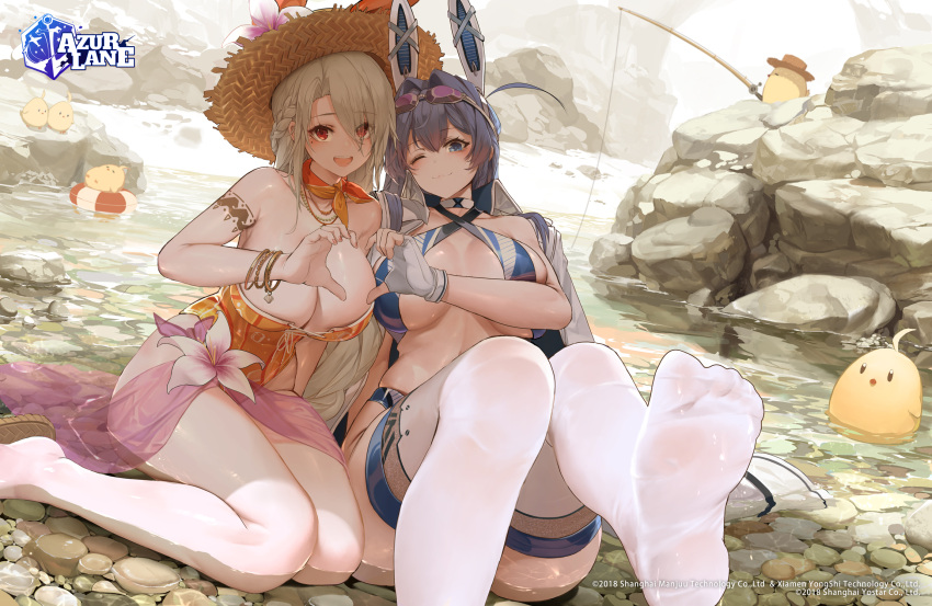2girls animal_ears azur_lane beach blue_eyes blue_hair blush braid breasts collarbone dishwasher1910 eyebrows_visible_through_hair eyes_visible_through_hair fake_animal_ears fishing fishing_line fishing_rod goggles goggles_on_head hair_over_one_eye hat highres in_water large_breasts looking_at_viewer manjuu_(azur_lane) multiple_girls new_jersey_(azur_lane) official_art prinz_heinrich_(azur_lane) rabbit_ears red_eyes sun_hat swimsuit thigh-highs thighs wet white_hair