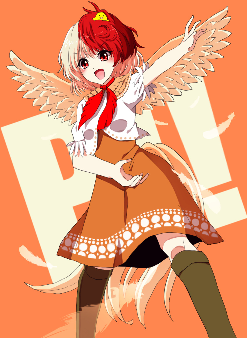 1girl bangs blonde_hair cape dress highres multicolored_hair niwatari_kutaka open_mouth puffy_short_sleeves puffy_sleeves redhead short_hair short_sleeves smile solo standing touhou wings