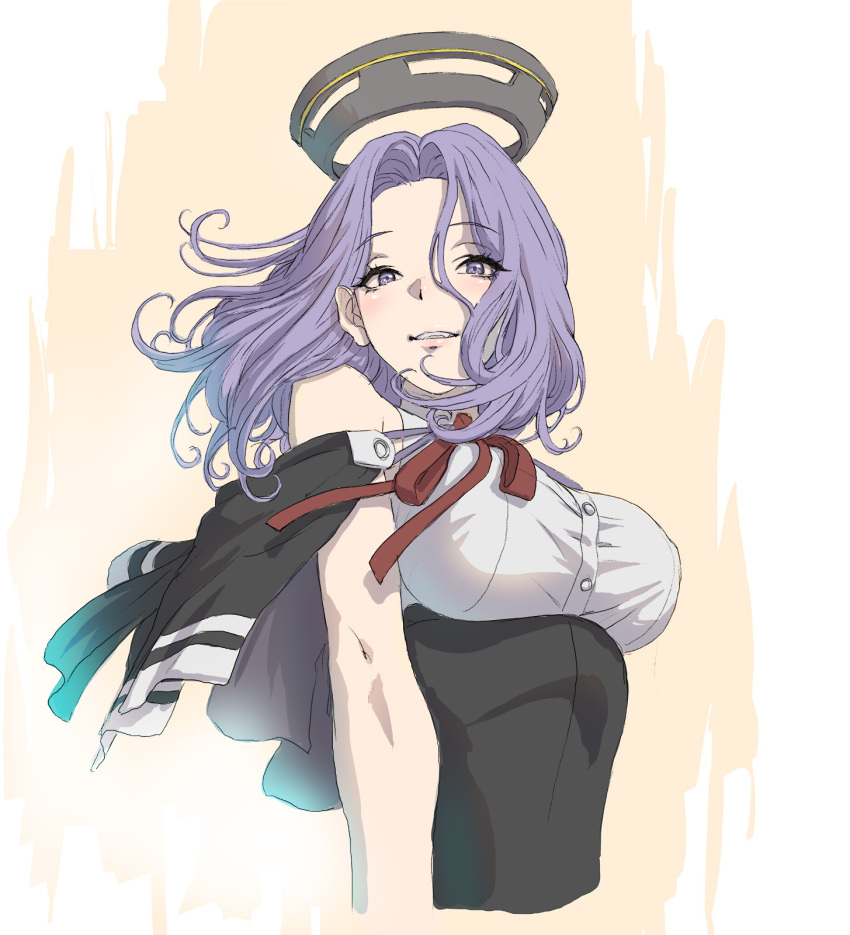 1girl blush breasts cropped_arms cropped_torso fujii_eishun highres kantai_collection looking_at_viewer mechanical_halo medium_breasts purple_hair short_hair smile solo tatsuta_(kancolle) tight_top upper_body violet_eyes