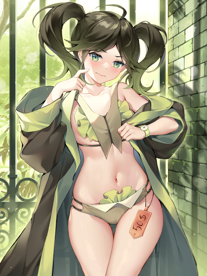 1girl ahoge bangs bikini blush breasts brick_wall closed_mouth coat collarbone commentary cowboy_shot day eyebrows_visible_through_hair fence frilled_bikini frills gradient_hair green_bikini green_coat green_eyes green_hair groin highres long_sleeves looking_at_viewer midriff multicolored_hair navel off_shoulder open_clothes open_coat original outdoors parted_bangs price_tag revealing_clothes shadow sidelocks single_bare_shoulder small_breasts solo standing swimsuit thigh_gap twintails uosaasou watch watch