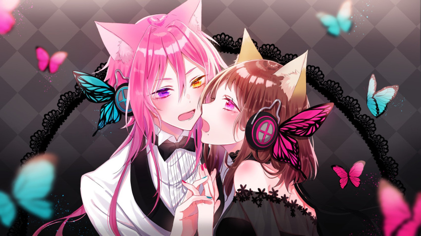 2girls black_dress blue_butterfly bow bowtie bug butterfly character_request dress face-to-face formal frills from_side heterochromia highres holding_hands insect long_hair magnet_(vocaloid) minaminotkita multiple_girls open_mouth pink_butterfly pink_hair suit virtual_youtuber white_suit yuri