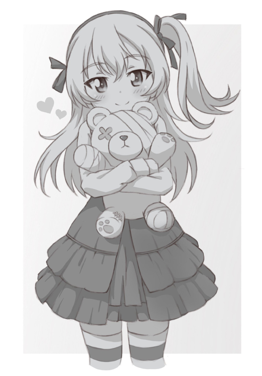 1girl bandages bangs boko_(girls_und_panzer) bow bowtie casual closed_mouth collared_shirt commentary_request cropped_legs eyebrows_visible_through_hair girls_und_panzer greyscale hair_ribbon heart high-waist_skirt highres holding holding_stuffed_toy kumaji_(kumazidayo) layered_skirt long_hair long_sleeves looking_at_viewer medium_skirt monochrome one_side_up outside_border pantyhose ribbon shimada_arisu shirt skirt smile solo standing striped striped_legwear stuffed_animal stuffed_toy suspender_skirt suspenders teddy_bear