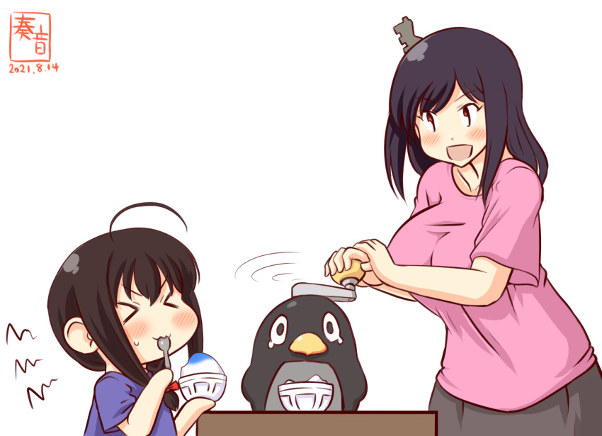 &gt;_&lt; 2girls ahoge alternate_costume artist_logo bird black_hair blue_shirt braid brain_freeze brown_hair child dated hair_ornament ice_shaver kanon_(kurogane_knights) kantai_collection multiple_girls one-hour_drawing_challenge open_mouth penguin pink_shirt red_eyes shaved_ice shigure_(kancolle) shirt short_hair short_sleeves simple_background single_braid smile themed_object upper_body white_background yamashiro_(kancolle) younger