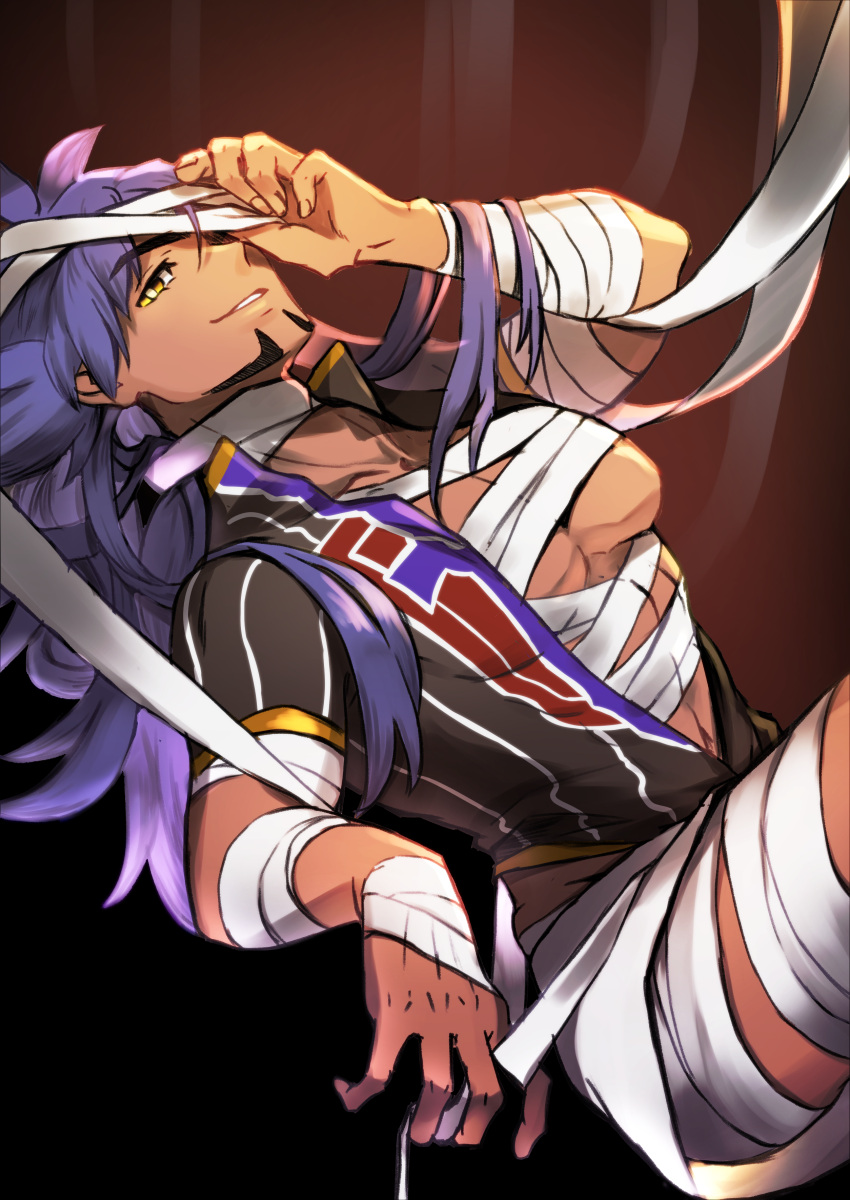 1boy absurdres bandaged_leg bandages bangs champion_uniform commentary_request dark-skinned_male dark_skin eyelashes facial_hair from_side hand_up highres leaning_back leon_(pokemon) long_hair male_focus open_clothes open_shirt parted_lips pectorals pokemon pokemon_(game) pokemon_swsh purple_hair shield_print shirt short_sleeves smile solo sword_print yellow_eyes yunoru