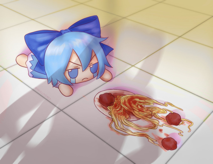 artist_name blue_bow blue_dress blue_eyes blue_hair bow cirno crying crying_with_eyes_open dress fallen_down floor food fumo_(doll) hair_between_eyes hatsune_miku highres meatball on_floor out_of_frame pasta puffy_short_sleeves puffy_sleeves shadow short_hair short_sleeves simple_background skullchimes spaghetti spaghetti_and_meatballs tears tiles touhou twitter_username v-shaped_eyebrows vocaloid