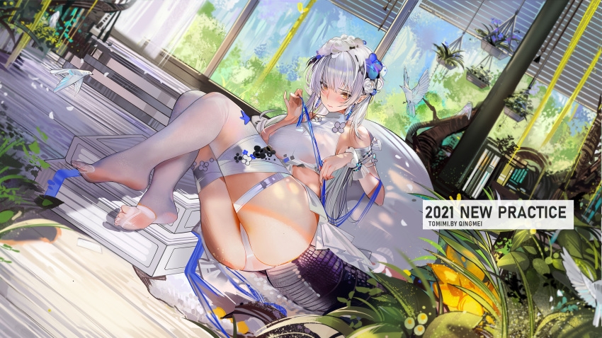 1girl arknights bikini breasts casual_one-piece_swimsuit crocodilian_tail feet flower highres large_tail no_shoes off-shoulder_bikini off_shoulder official_alternate_costume one-piece_swimsuit panties plumw pointy_ears soles swimsuit tail tomimi_(arknights) tomimi_(silent_night)_(arknights) underwear waist_cutout white_flower white_legwear white_swimsuit white_wrist_cuffs