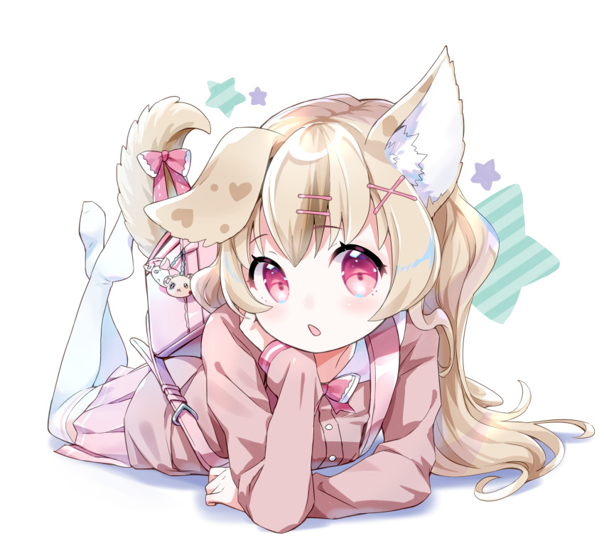 1girl amimi animal_ear_fluff animal_ears aqua_hair backpack bag bangs blonde_hair bow bowtie child collar commentary_request commission dog_ears dog_girl eyebrows_visible_through_hair full_body hair_ornament hairclip hand_up highres kneehighs legs_up long_hair long_sleeves looking_at_viewer multicolored_hair no_shoes open_mouth original pink_eyes pink_shirt pink_skirt randoseru shirt sidelocks skeb_commission skirt solo star_(symbol) streaked_hair tail white_background white_collar white_legwear
