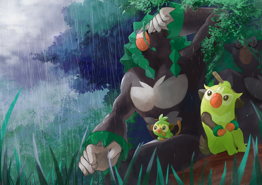 absurdres closed_mouth commentary_request evolutionary_line fog from_below gen_8_pokemon grass grookey hand_up highres huge_filesize looking_up orange_eyes outdoors plant pokemon rain rikuya_(0325shs) rillaboom sitting stick thwackey tree vines