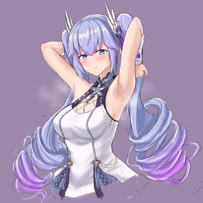 1girl a-soul armpits arms_up ava_(a-soul) bangs blush can142857 eyebrows_visible_through_hair gauntlets hair_ornament highres long_hair purple_background purple_hair simple_background sleeveless steam steaming_body sweat twintails upper_body violet_eyes virtual_youtuber