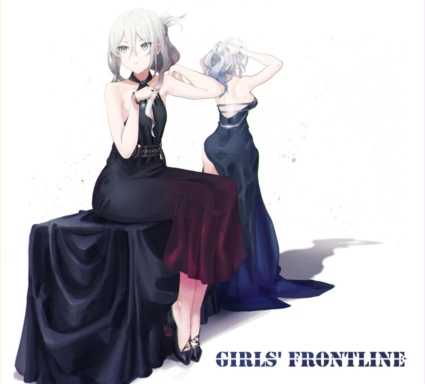 2girls ak-12_(girls_frontline) an-94_(girls_frontline) background_text bare_shoulders black_dress commentary_request copyright_name dress evening_gown ggab0621 girls_frontline gradient hair_ornament hairclip high_heels highres multiple_girls official_alternate_costume shadow silver_hair simple_background sitting