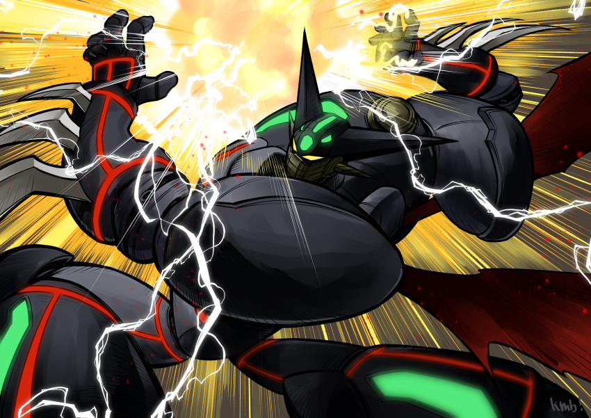 absurdres black_shin_getter electricity energy energy_ball getter_robo getter_robo_arc glowing highres horns huge_filesize kemuribata mask mecha no_humans signature solo speed_lines spikes stoner_sunshine super_robot wings yellow_eyes