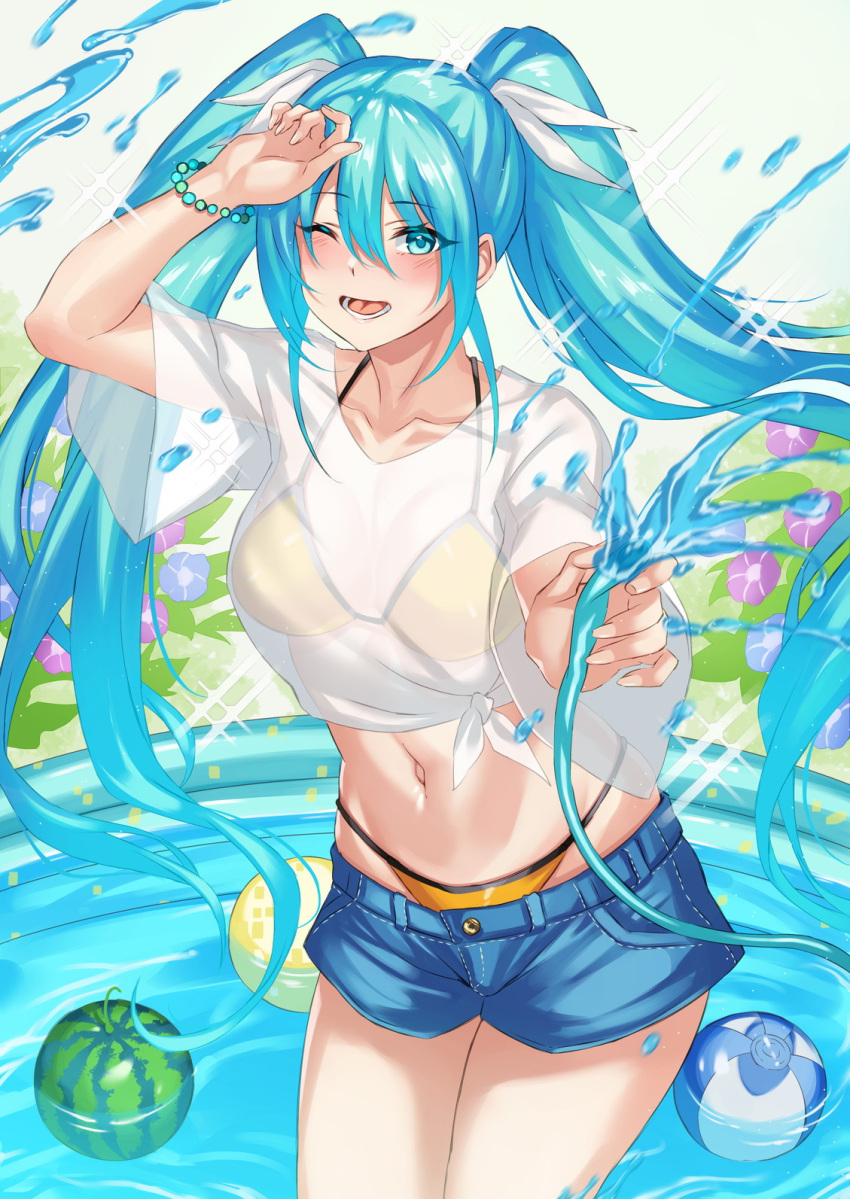 1girl ;d ball bangs beachball bead_bracelet beads bikini bikini_under_clothes blue_eyes blue_hair blush bracelet breasts collarbone commentary_request cowboy_shot day denim denim_shorts eyebrows_visible_through_hair flower food fruit groin hair_between_eyes hair_ribbon hand_up hatsune_miku highres holding_hose hydrangea inue_ao jewelry long_hair looking_at_viewer lower_teeth lowleg lowleg_shorts medium_breasts navel one_eye_closed open_mouth ribbon see-through see-through_shirt shirt short_shorts short_sleeves shorts sidelocks smile solo sparkle standing swimsuit t-shirt tied_shirt twintails very_long_hair vocaloid wading wading_pool water watermelon white_ribbon white_shirt yellow_bikini