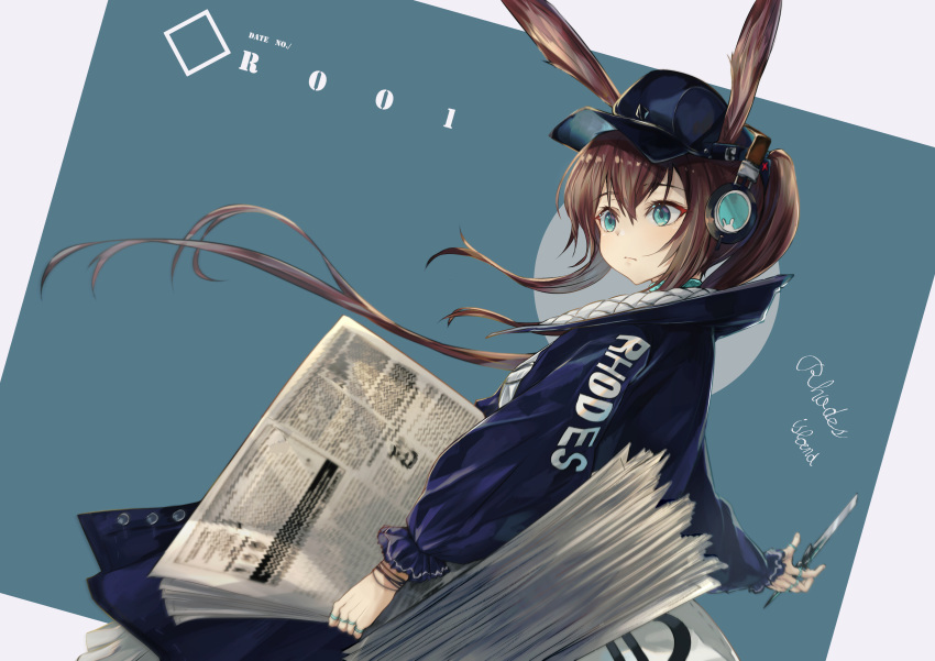 1girl absurdres amiya_(arknights) amiya_(newsgirl)_(arknights) animal_ears arknights bangs blue_background blue_coat blue_eyes blue_headwear brown_hair closed_mouth coat commentary_request dutch_angle english_text expressionless eyebrows_visible_through_hair hair_between_eyes hakua_mill hat headphones highres holding holding_knife holding_newspaper jewelry knife long_hair long_sleeves looking_away multiple_rings newspaper official_alternate_costume ponytail rabbit_ears ring solo upper_body white_background