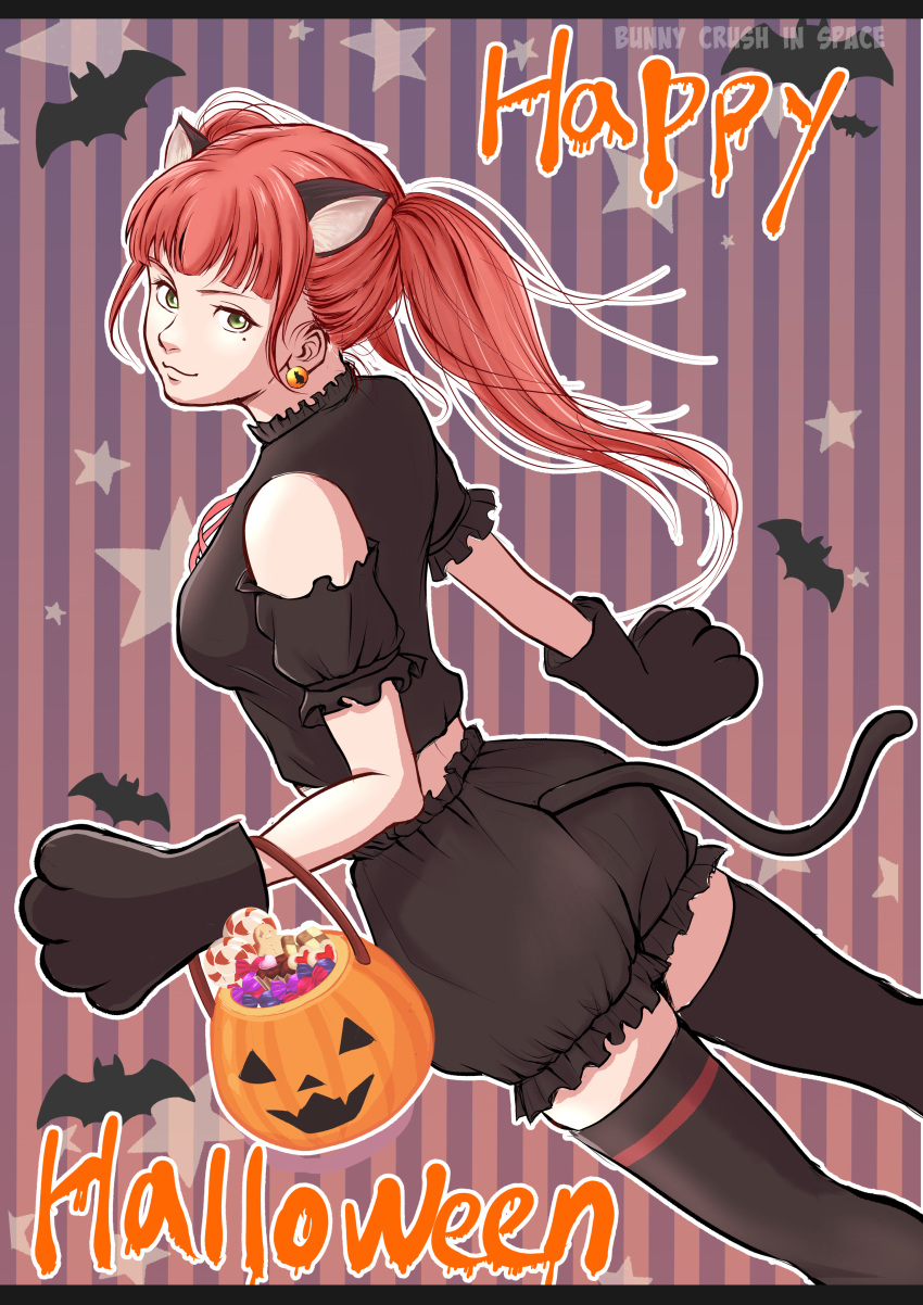 1girl absurdres animal_ears animal_hands candy cat_ears cat_girl cat_tail detached_sleeves earrings food gloves green_eyes happy_halloween highres jack-o'-lantern jewelry lollipop miki_(miki125dragon) mole mole_under_eye orange_hair original paw_gloves pumpkin_pants shirt short_sleeves sleeveless sleeveless_shirt smile solo striped striped_background tail thigh-highs twintails