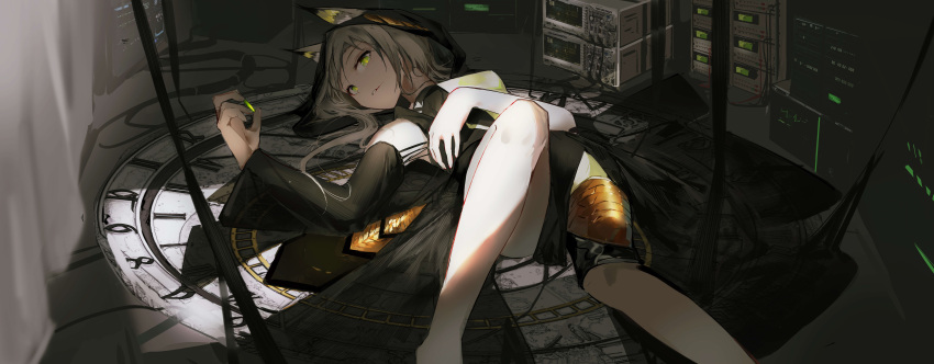 1girl absurdres animal_ears arknights bangs bare_legs black_hoodie cat_ears closed_mouth commentary_request full_body green_eyes grey_hair highres hood hoodie kal'tsit_(arknights) long_hair long_sleeves looking_at_viewer lying mackia messy_hair on_back revision sidelocks solo sundial thighs wide_sleeves wire yellow_pupils