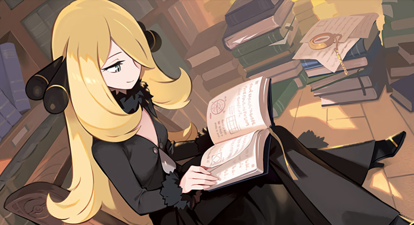 1girl black_dress blanco026 blonde_hair blue_eyes book book_stack bookmark bookshelf breasts chair closed_mouth cynthia_(pokemon) dress hair_ornament hair_over_one_eye high_heels indoors long_hair long_sleeves looking_down official_art open_book paper pocket_watch poke_ball_print pokemon pokemon_(game) pokemon_dppt pokemon_tcg reading sitting small_breasts smile solo third-party_source very_long_hair watch