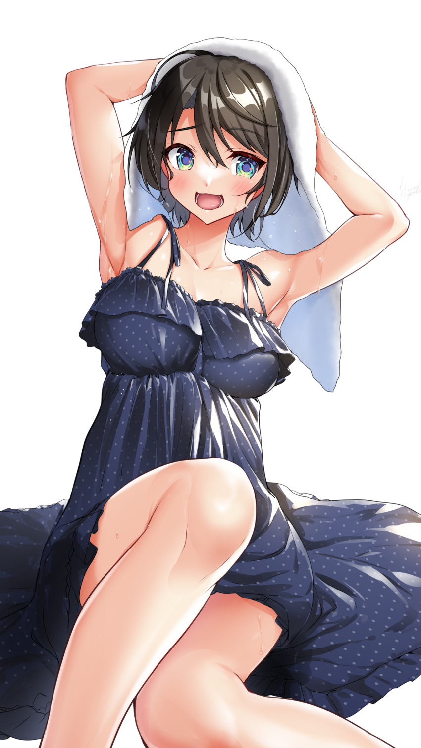 1girl absurdres armpits arms_up black_hair blue_eyes commentary dress drying drying_hair highres hololive knee_up oozora_subaru open_mouth polka_dot polka_dot_dress sasakuma_kyouta shiny shiny_hair short_hair sitting sleeveless sleeveless_dress solo surprised towel wet wet_hair white_background