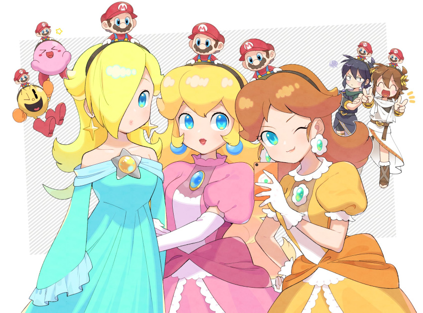 bare_shoulders blonde_hair blue_eyes blush breasts crown dark_pit dress earrings facial_hair gloves hair_over_one_eye hat highres jewelry kid_icarus kid_icarus_uprising kirby kirby_(series) long_hair looking_at_viewer mario super_mario_bros. medium_breasts multiple_girls mustache open_mouth pac-man pac-man_(game) pit_(kid_icarus) princess_daisy princess_peach riomario rosalina smile star_(symbol) star_earrings super_mario_bros. super_mario_galaxy super_smash_bros. video_game