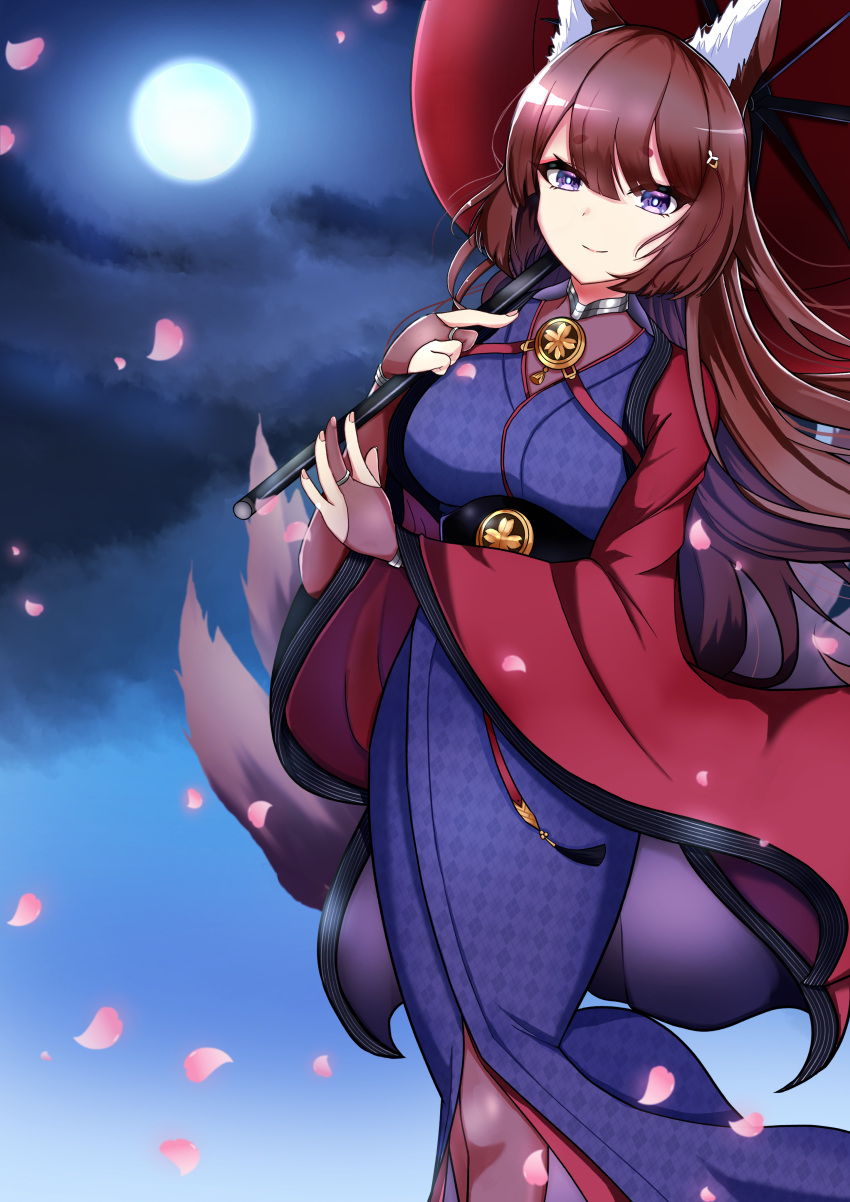 1girl absurdres amagi_(azur_lane) animal_ear_fluff animal_ears azur_lane bodystocking breasts bridal_gauntlets brown_hair brown_tail clouds cloudy_sky coat collar fox_ears fox_girl fox_tail full_moon highres holding holding_umbrella japanese_clothes kimono kitsune kyuubi large_breasts long_hair looking_at_viewer metal_belt metal_collar moon multiple_tails oil-paper_umbrella open_clothes open_coat outdoors petals purple_kimono red_coat sakamoto_(slopepepepe) sakuramon sky smile solo tail umbrella violet_eyes wide_sleeves