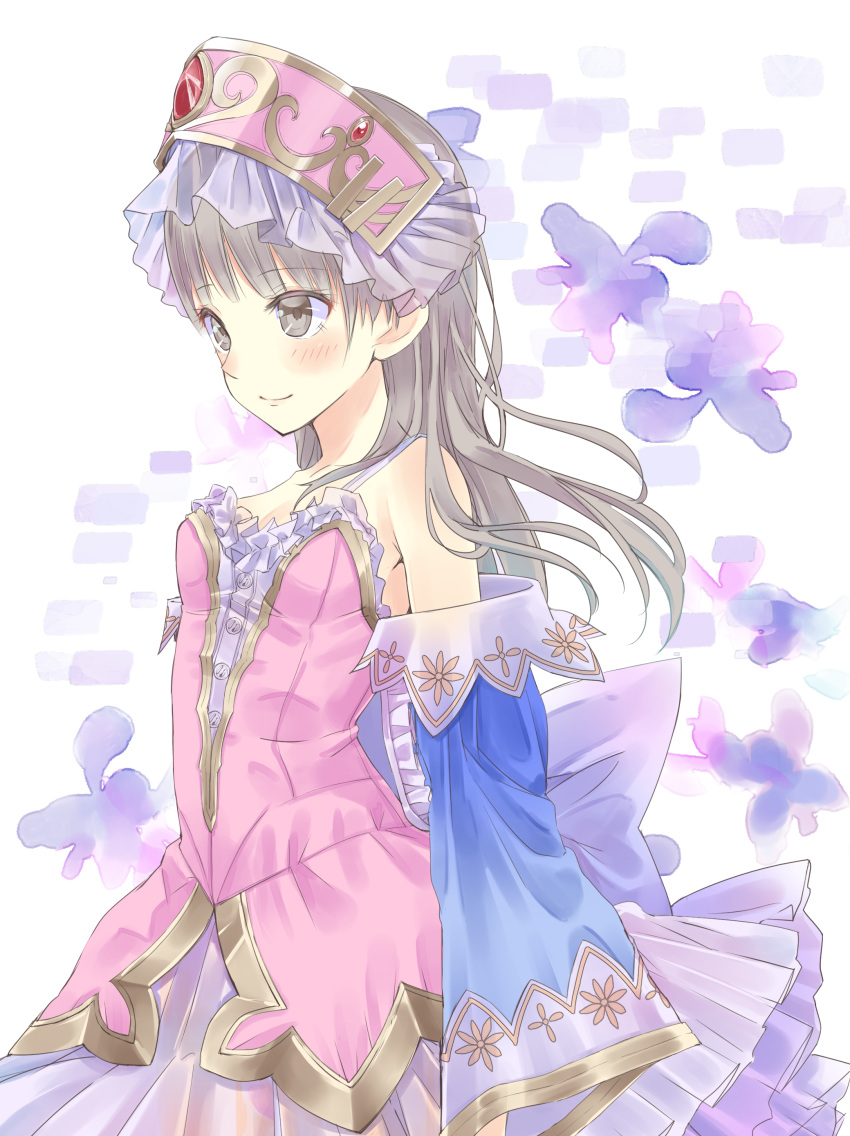 1girl absurdres arms_at_sides atelier_(series) atelier_totori blush_stickers breasts brown_eyes brown_hair detached_sleeves dress frilled_dress frills from_side headdress highres miyama_leaves pink_dress small_breasts smile solo totooria_helmold white_background