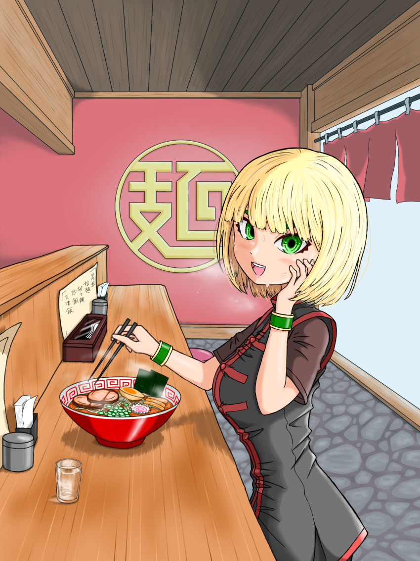 1girl arms_(game) blonde_hair breasts chinese_clothes food green_eyes highres medium_breasts min_min_(arms) noodles open_mouth ramen short_hair solo taro_(pixiv34317323)