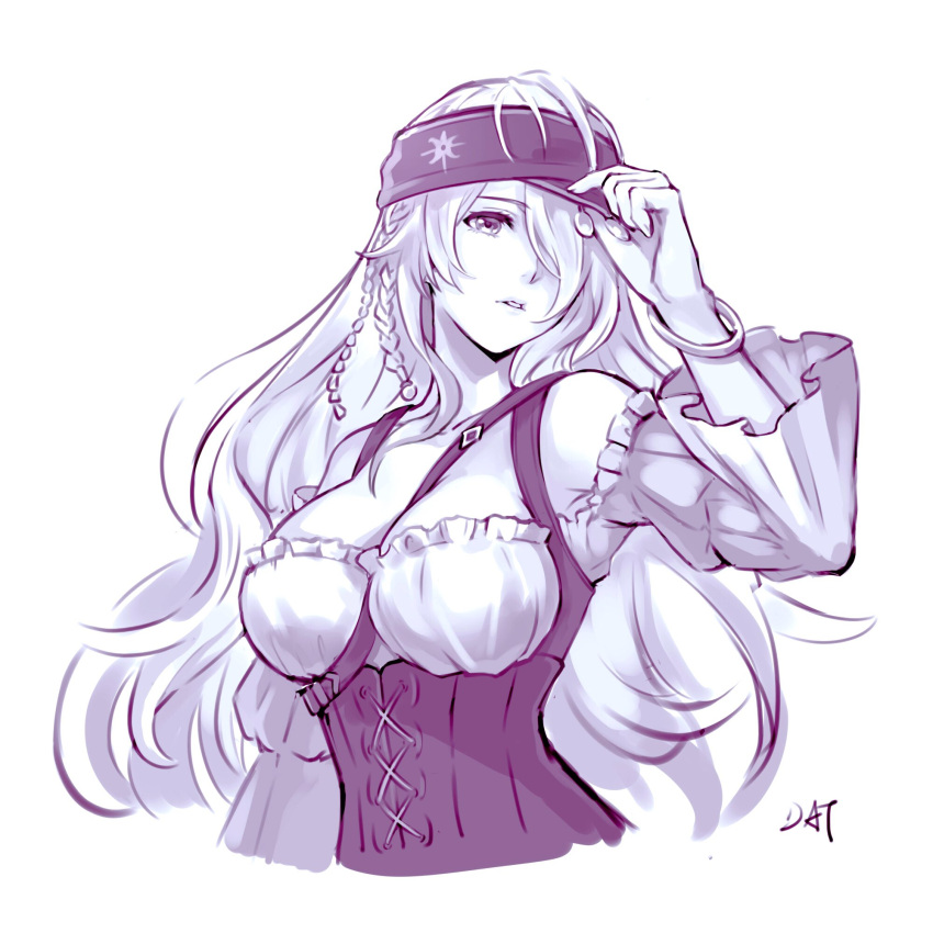 1girl artist_name bare_shoulders bracelet breasts camilla_(fire_emblem) commentary corset da-cart fire_emblem fire_emblem_fates fire_emblem_heroes greyscale hair_over_one_eye hand_up head_scarf highres jewelry large_breasts long_hair long_sleeves monochrome off-shoulder_shirt off_shoulder parted_lips shirt signature simple_background solo upper_body very_long_hair white_background wide_sleeves