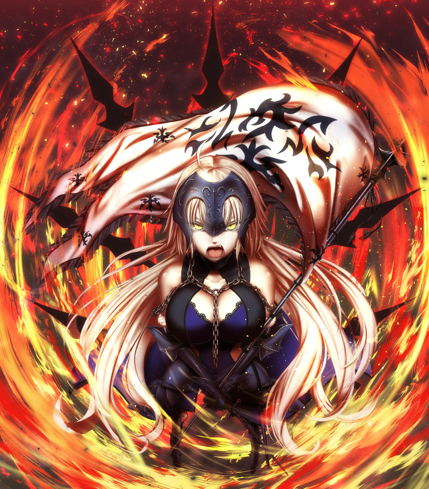 1girl absurdres ahoge armor armored_dress bangs breasts chain fate/grand_order fate_(series) faulds gauntlets headpiece highres huge_filesize jeanne_d'arc_(alter)_(fate) jeanne_d'arc_(fate)_(all) large_breasts long_hair silver_hair solo standard_bearer thirukin tsurime very_long_hair yellow_eyes