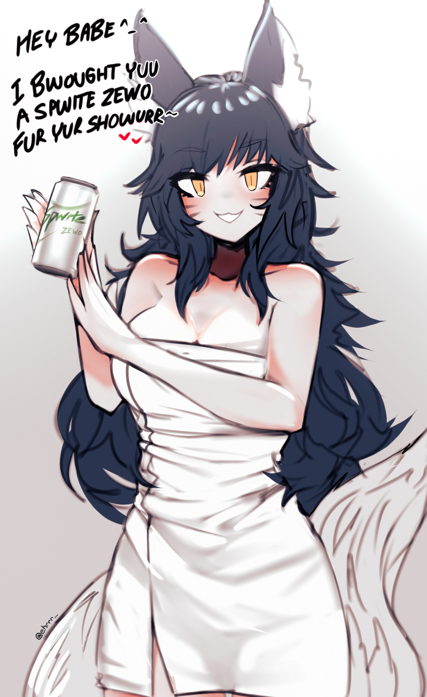 1girl ahri animal_ear_fluff animal_ears bare_shoulders black_hair breasts can ehrrr english_text highres league_of_legends long_hair looking_at_viewer naked_towel simple_background soda soda_can solo sprite_(drink) tail towel yellow_eyes