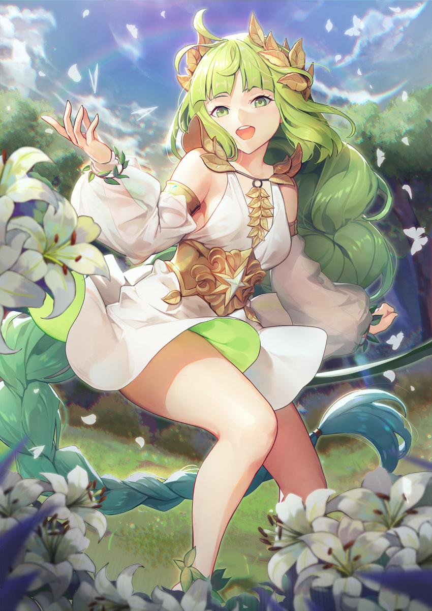 1girl afk_arena flora_(afk_arena) flower green_eyes green_hair highres long_hair looking_at_viewer open_mouth outdoors white_flower y.i._(lave2217)