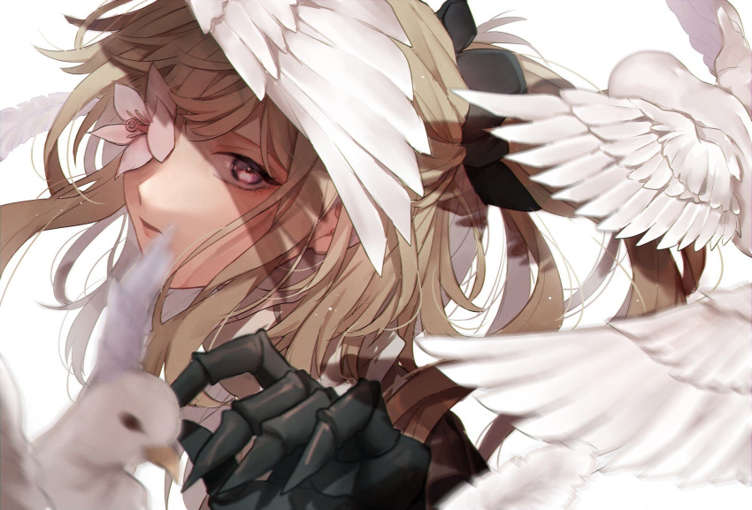 1girl animal bird black_bow blonde_hair bow commentary dove drag-on_dragoon drag-on_dragoon_3 flower flower_over_eye funa2001 hair_bow highres long_hair prosthesis prosthetic_arm red_eyes solo white_background zero_(drag-on_dragoon)