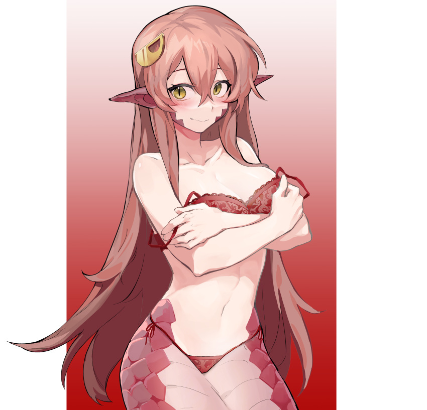 1girl absurdres blush bra bra_pull breasts clothes_pull collarbone commission commissioner_upload eyebrows_visible_through_hair fang gradient gradient_background hair_ornament hairclip highres khaos259 lamia long_hair medium_breasts miia_(monster_musume) monster_girl monster_musume_no_iru_nichijou navel pointy_ears redhead scales simple_background slit_pupils smile solo strap_slip underwear yellow_eyes