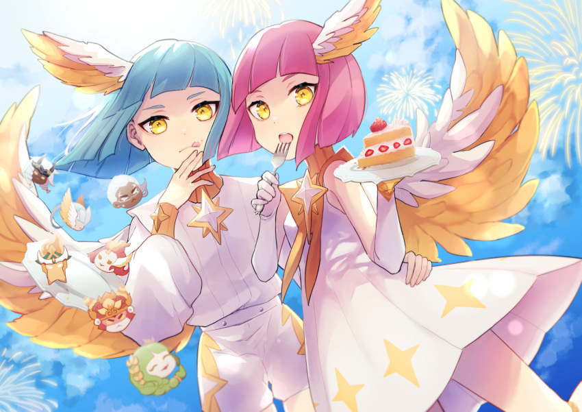 1boy 1girl afk_arena blue_hair cake cake_slice food fork head_wings highres holding holding_fork izusan_14 looking_at_viewer open_mouth pink_hair yellow_eyes