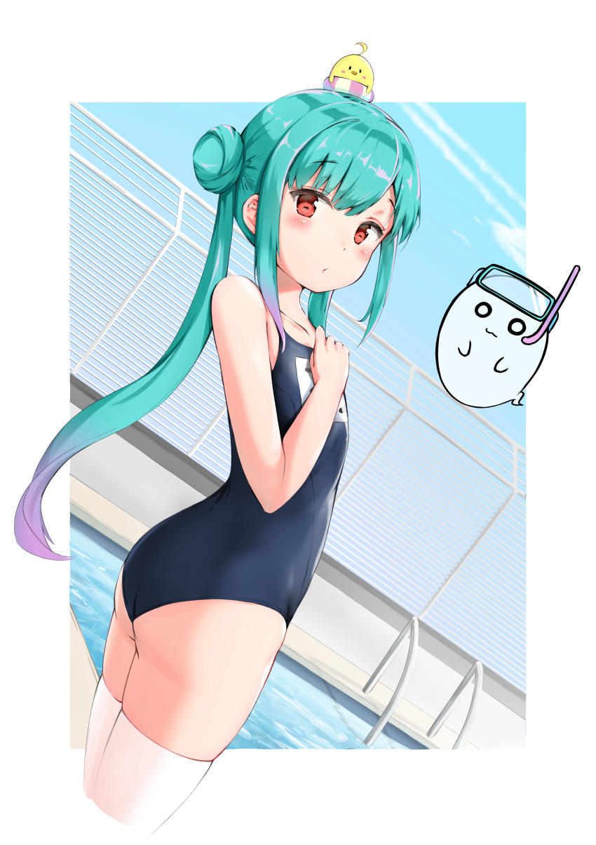 1girl absurdres animal_on_head ass asymmetrical_hair bird bird_on_head blue_swimsuit blush chick double_bun dutch_angle eyebrows_visible_through_hair fandead_(uruha_rushia) flat_chest gradient_hair green_hair highres hololive komasi looking_at_viewer multicolored_hair name_tag new_school_swimsuit on_head one-piece_swimsuit parted_lips pink_hair piyoko_(uruha_rushia) pool poolside red_eyes school_swimsuit solo_focus swimsuit thigh-highs twintails uneven_twintails uruha_rushia virtual_youtuber white_legwear