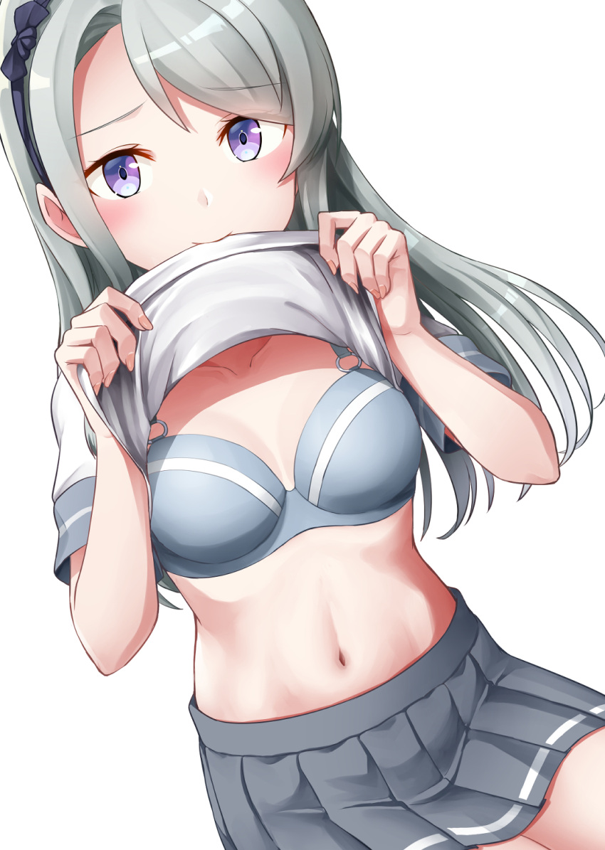 1girl asymmetrical_bangs bangs blue_bra bra breasts clothes_lift grey_sailor_collar grey_skirt hairband highres kamelie kantai_collection lifted_by_self long_hair miniskirt navel pleated_skirt purple_hairband sagiri_(kancolle) sailor_collar school_uniform serafuku shirt_lift short_sleeves silver_hair skirt small_breasts solo swept_bangs underwear violet_eyes