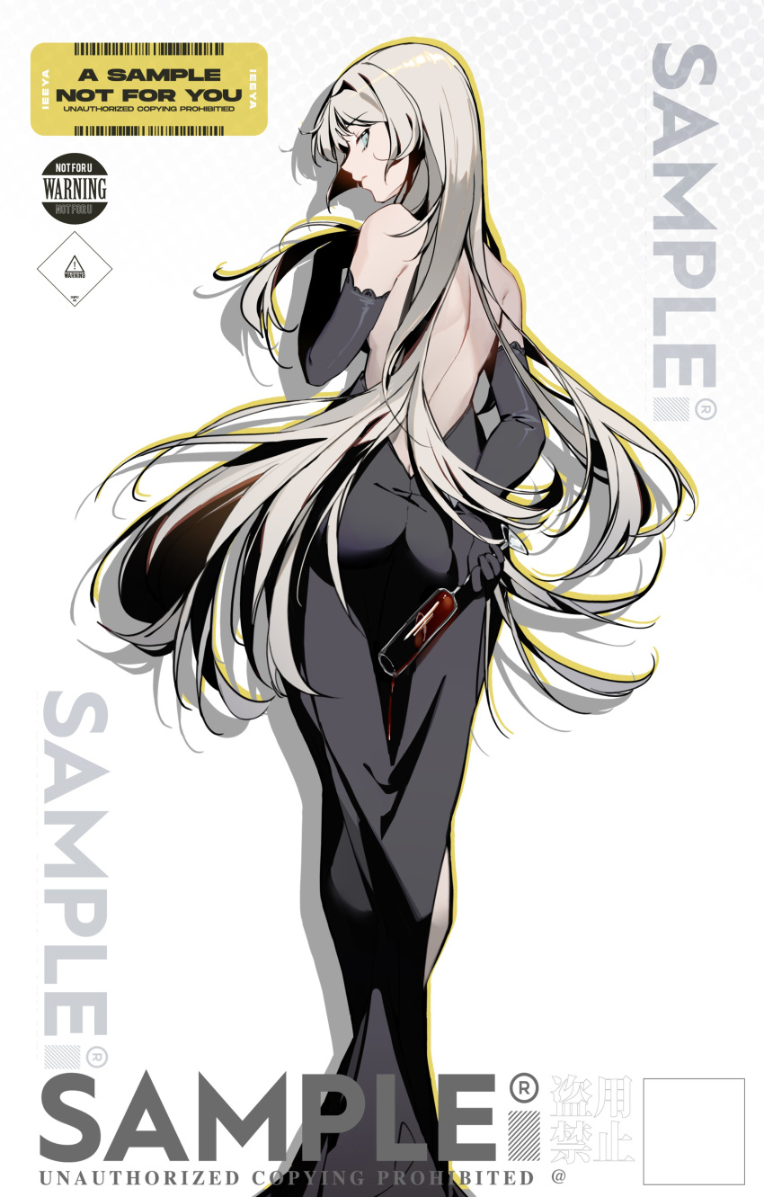1girl absurdres an-94_(girls_frontline) aqua_eyes ass bare_back black_dress black_gloves champagne_flute cup dress drinking_glass elbow_gloves from_behind girls_frontline gloves highres jacknavy light_brown_hair long_dress long_hair looking_at_viewer looking_back profile solo standing very_long_hair