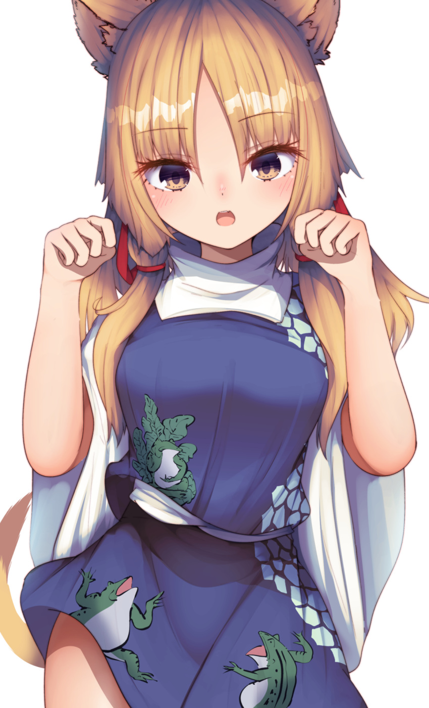 1girl animal_ears animal_print bangs blonde_hair cat_ears clenched_hands commentary_request darumoon eyebrows_visible_through_hair frog_print hair_ribbon highres long_sleeves looking_at_viewer medium_hair moriya_suwako no_hat no_headwear open_mouth parted_bangs paw_pose purple_skirt purple_vest red_ribbon ribbon shirt sidelocks simple_background skirt skirt_set sleeves_past_wrists solo touhou turtleneck vest white_background white_shirt wide_sleeves yellow_eyes