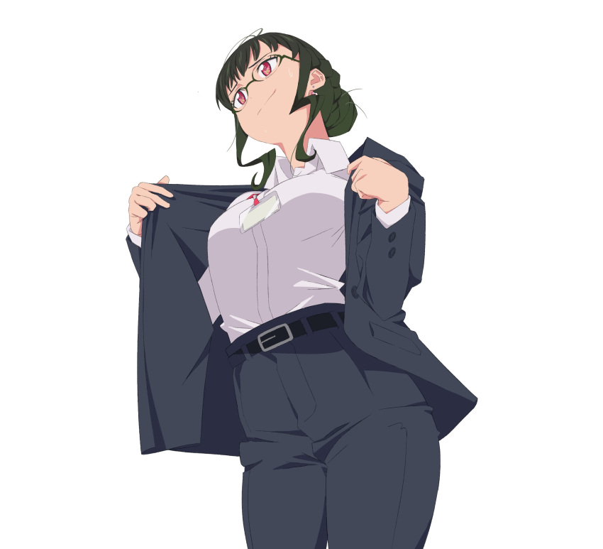 1girl absurdres anosillus_ii belt belt_buckle braid braided_bun breasts buckle buttons collared_shirt cowboy_shot formal from_below glasses green_hair gridman_universe high-waist_pants highres looking_ahead name_tag pants peeqaboo red_eyes shirt solo ssss.dynazenon suit sweatdrop undressing white_background white_shirt