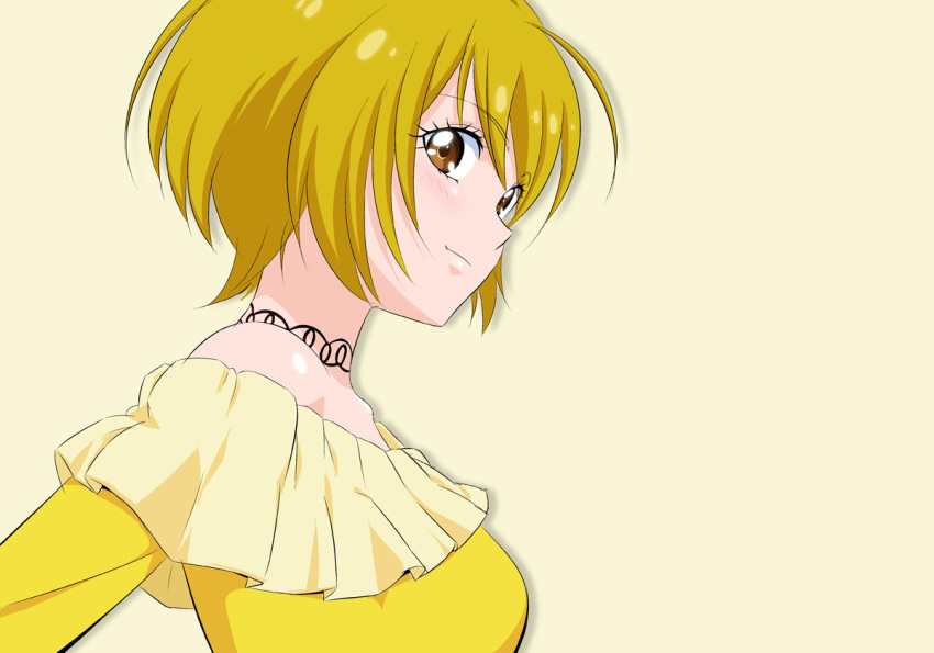 1girl ahoge bare_shoulders blonde_hair brown_eyes choker closed_mouth collarbone eyelashes from_side fuchi_(nightmare) hugtto!_precure kagayaki_homare off-shoulder_shirt off_shoulder precure shiny shiny_hair shiny_skin shirt short_hair simple_background smile solo upper_body white_background yellow_shirt