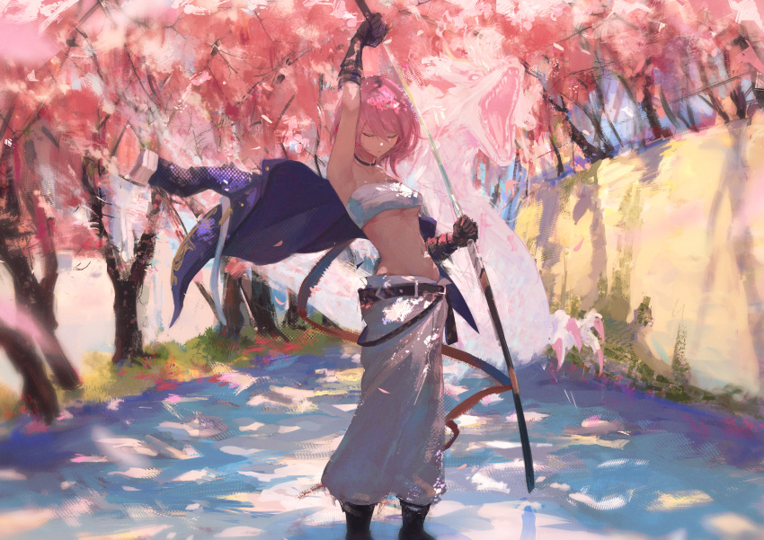 1girl 7ife absurdres alchemy_stars arm_up bare_shoulders belt black_footwear black_gloves breasts cherry_blossoms choker closed_eyes closed_mouth dragon eastern_dragon fence gloves grass highres hiiro_(alchemy_stars) holding holding_sheath holding_sword holding_weapon huge_filesize jacket jacket_removed katana medium_breasts navel outdoors pants petals pink_hair purple_jacket sarashi sheath sheathing short_hair solo standing sword symbol-only_commentary tree weapon white_pants