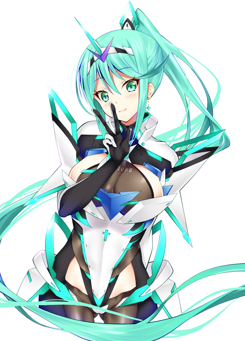 1girl absurdres bangs breasts chest_jewel daive earrings gloves greek_text green_eyes green_hair highres jewelry large_breasts long_hair pneuma_(xenoblade) ponytail solo swept_bangs tiara very_long_hair xenoblade_chronicles_(series) xenoblade_chronicles_2