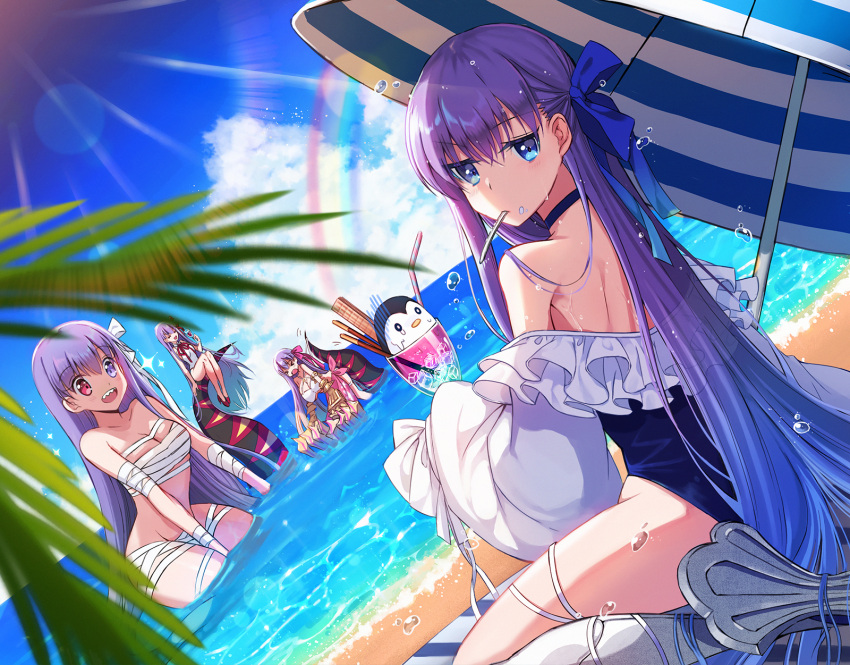 bandages bb_(fate) bb_(swimsuit_mooncancer)_(fate) beach breasts claws cup drinking_glass drinking_straw eyebrows_visible_through_hair fate/grand_order fate_(series) hair_ribbon heterochromia highres ice ice_cube kingprotea_(fate) long_hair looking_at_viewer looking_back maydream meltryllis_(fate) meltryllis_(swimsuit_lancer)_(fate) ocean one-piece_swimsuit open_mouth parasol partially_submerged passionlip_(fate) purple_hair rainbow ribbon sand sarashi sharp_teeth smile swimsuit teeth tentacles umbrella very_long_hair water wet