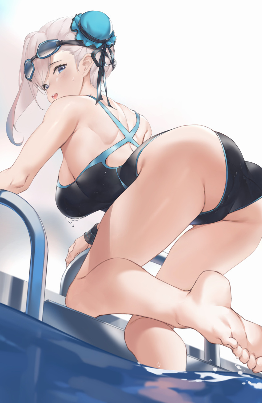 1girl arched_back ass bangs bare_arms bare_legs bare_shoulders barefoot blue_eyes breasts bun_cover competition_swimsuit fate/grand_order fate_(series) goggles goggles_on_head highres in_water looking_at_viewer looking_back medium_breasts miyamoto_musashi_(fate) miyamoto_musashi_(swimsuit_berserker)_(fate) one-piece_swimsuit parfaitlate pool pool_ladder side_bun simple_background soles solo swimsuit thighs toes water white_background white_hair