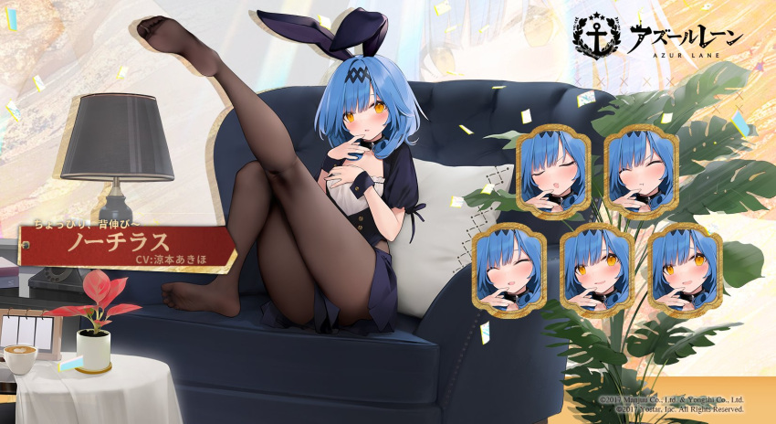 1girl animal_ears azur_lane blue_hair chair expressions fake_animal_ears hair_ornament highres indoors lamp medium_hair miniskirt nautilus_(azur_lane) official_alternate_costume official_art pantyhose plant potted_plant promotional_art purple_skirt rabbit_ears round_table short_sleeves skirt solo suisai wrist_cuffs x_hair_ornament