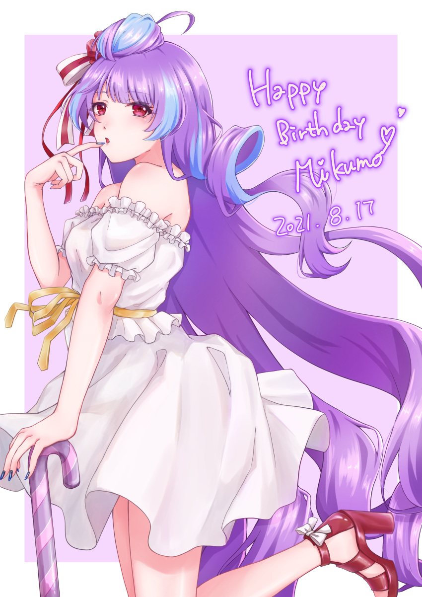 1girl absurdres blue_hair bow cane dated dress eyebrows_visible_through_hair finger_to_mouth hair_bow hair_bun happy_birthday high_heels highres long_hair looking_at_viewer macross macross_delta mikumo_guynemer miyuna multicolored_hair off-shoulder_dress off_shoulder red_eyes red_footwear solo streaked_hair striped striped_bow very_long_hair violet_eyes white_dress