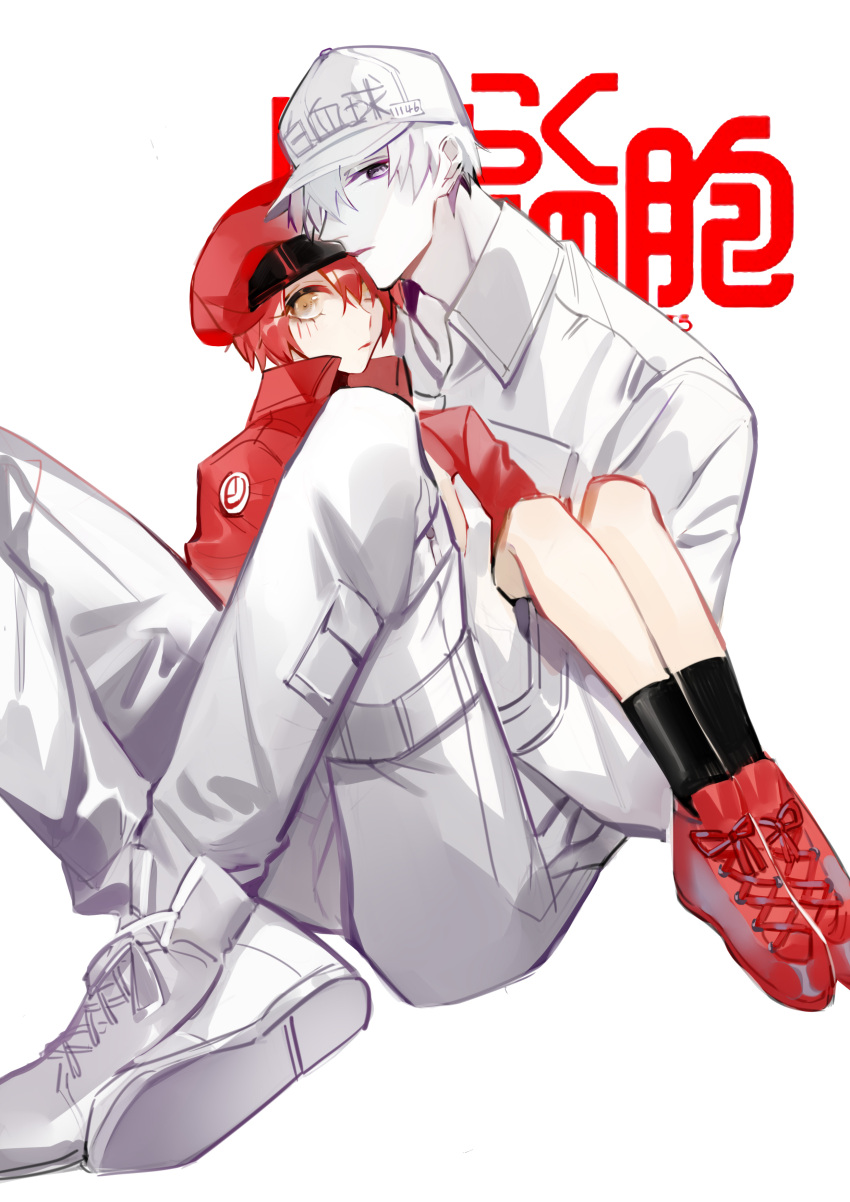 1boy 1girl absurdres ae-3803 bangs baseball_cap black_eyes black_legwear blouse blush boots breast_pocket cabbie_hat chinese_commentary closed_mouth copyright_name couple crossed_ankles expressionless hair_over_one_eye hat hataraku_saibou heads_together highres jacket knees_up looking_at_viewer pants pocket red_blood_cell_(hataraku_saibou) red_footwear red_headwear red_jacket redhead shirt shoes short_hair sitting sitting_on_lap sitting_on_person size_difference socks translated u-1146 white_blood_cell_(hataraku_saibou) white_footwear white_hair white_headwear white_legwear white_shirt yellow_eyes zhenxiao_(ada_6311)