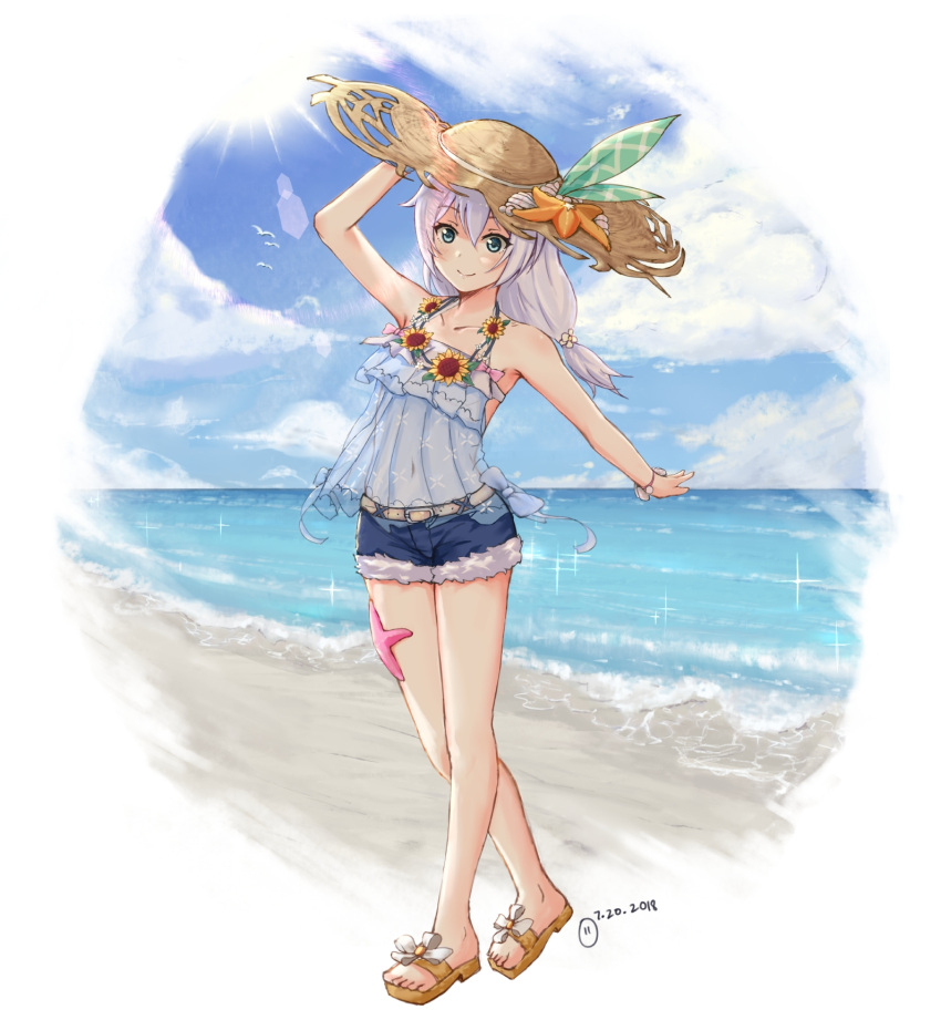 1girl artist_request bangs beach belt belt_buckle bird blue_eyes blue_sky buckle closed_mouth clouds cloudy_sky denim denim_shorts dress flower full_body hair_between_eyes hat highres holding holding_clothes holding_hat honkai_(series) honkai_impact_3rd looking_at_viewer ocean sand sandals seashell shell shorts sky sleeveless smile solo standing starfish straw_hat summer summer_uniform sundress sunflower theresa_apocalypse theresa_apocalypse_(valkyrie_pledge) toes white_hair