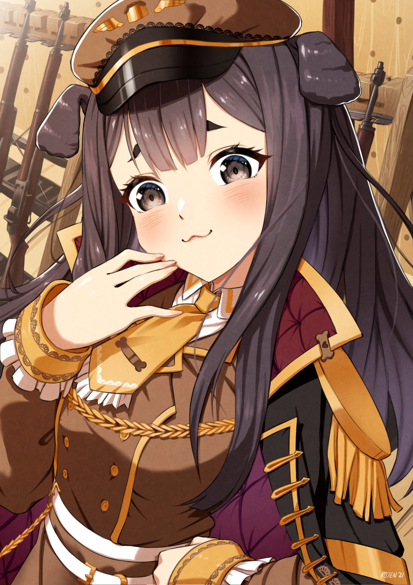 1girl :3 absurdres animal_ears bangs black_jacket blush breasts brown_eyes brown_headwear dog_ears eyebrows_behind_hair hand_on_own_cheek hand_on_own_face hat head_tilt highres inukai_purin jacket jacket_on_shoulders long_hair medium_breasts military military_hat military_uniform official_alternate_costume orange_neckwear rojen_p smile smug solo tsunderia uniform virtual_youtuber