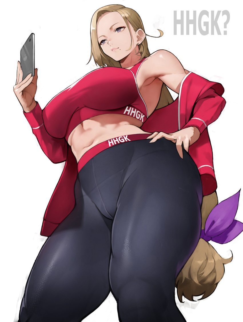 1girl absurdres bangs bare_shoulders blonde_hair breasts cellphone forehead grey_eyes highres large_breasts long_hair long_sleeves mole mole_under_mouth navel original pants parted_bangs phone ponytail solo sports_bra thighs yoga_pants yoshio_(55level)